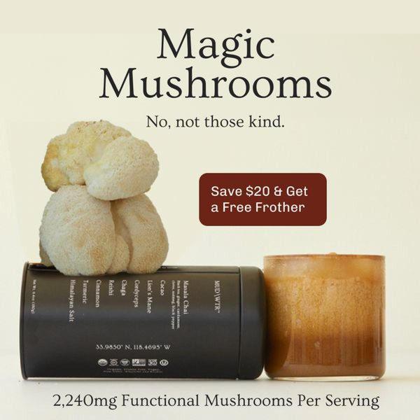 A clean, minimalist product shot featuring functional mushrooms and a drink mix, using a clarifying headline to remove customer friction.